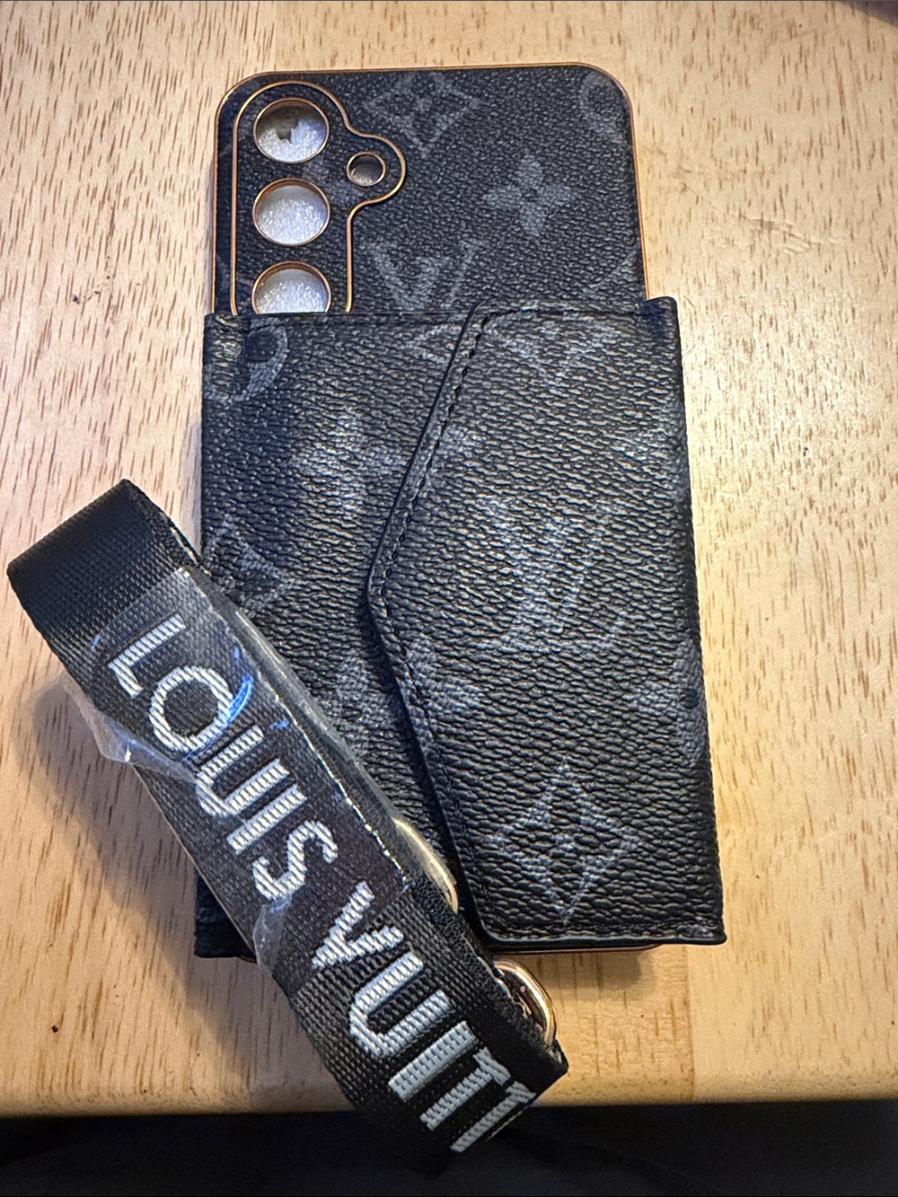 Black Monogram Canvas Phone Card Case with Branded Wrist Strap